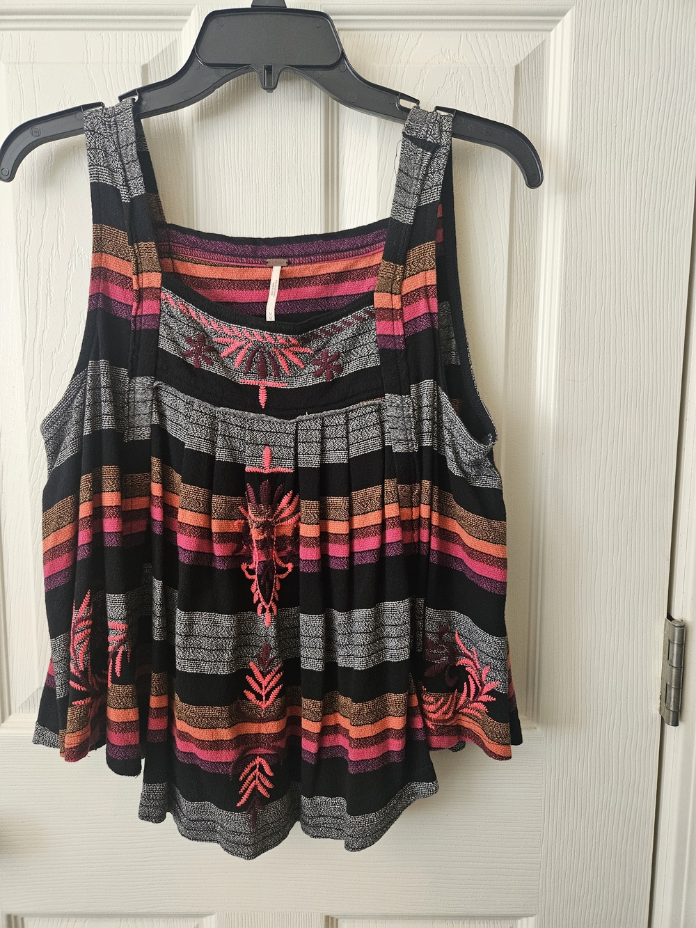 Free People Striped Embroidered Tank Top in Black with Pink & Orange